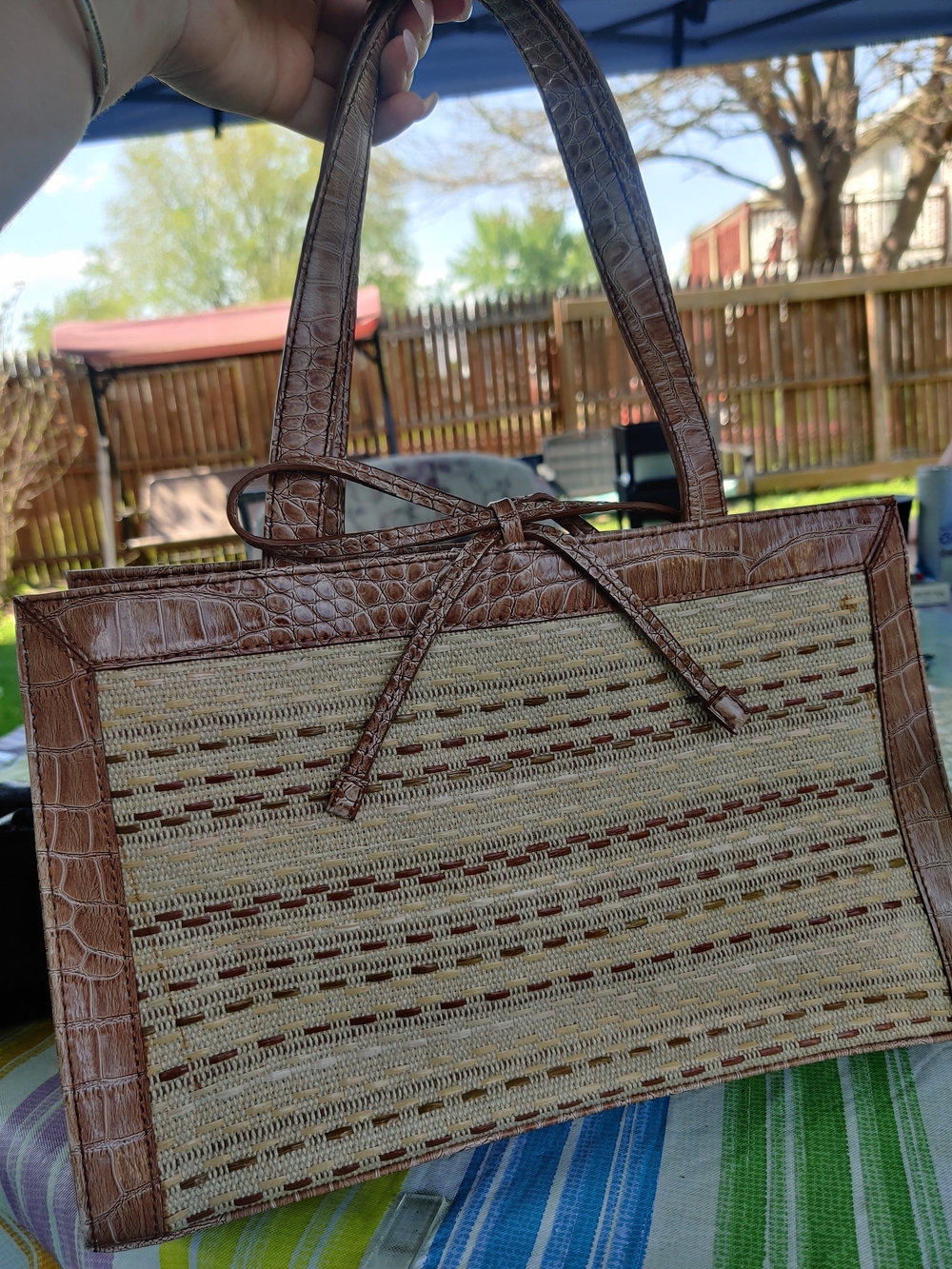 Liz Claiborne Woven Straw Tote with Brown Faux-Croc Trim